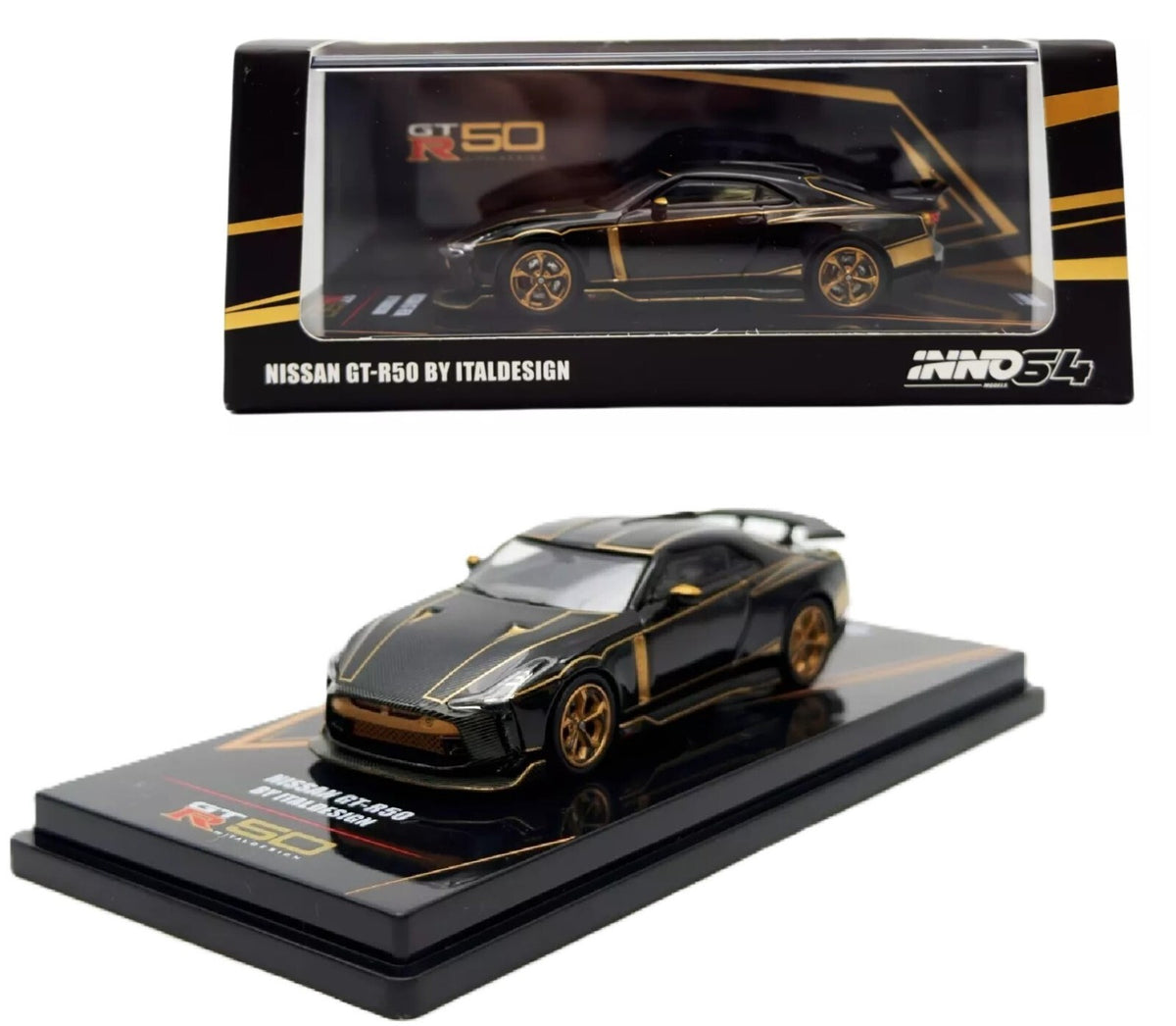 Inno64 Nissan GT-R50 by Italdesign – Black with Gold Accents - 1:64 Scale