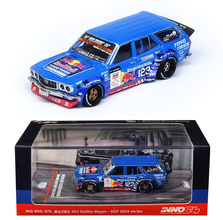 Inno64 Mad Mike 1976 Mazda RX3 Station Wagon #123 – Red Bull - 1:64 Scale