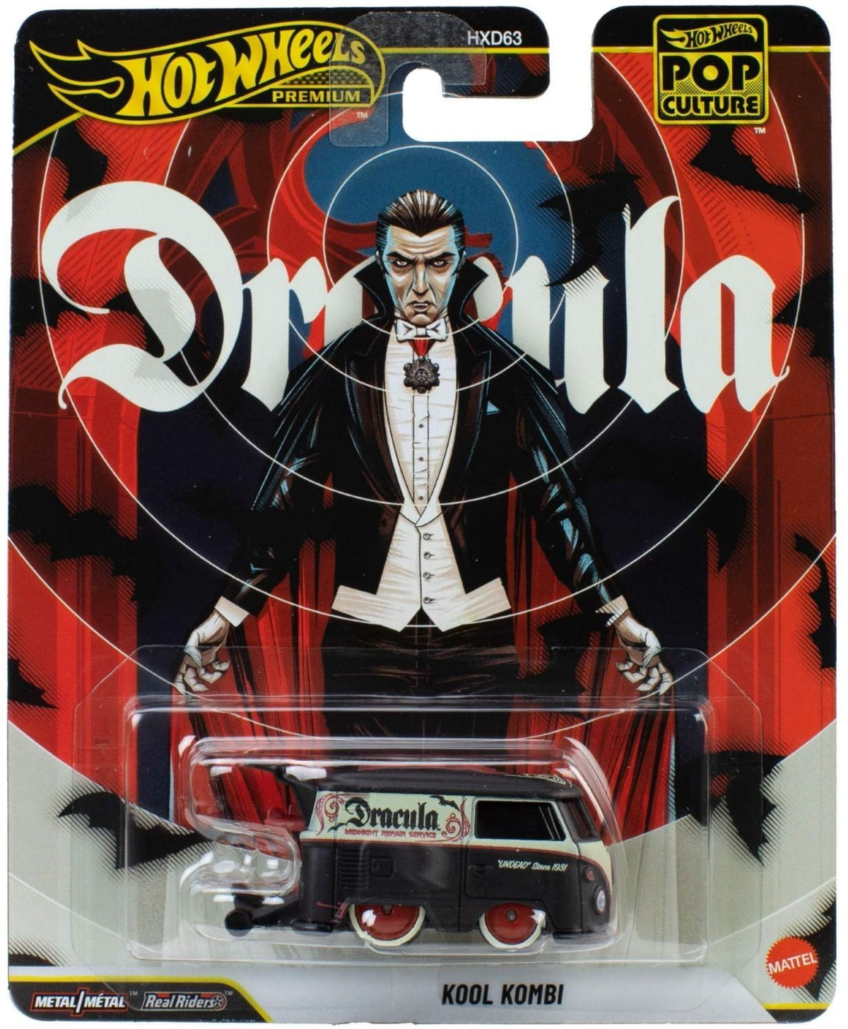 Hot Wheels Premium Pop Culture Dracula Kool Kombi black van with red wheels in illustrated blister pack
