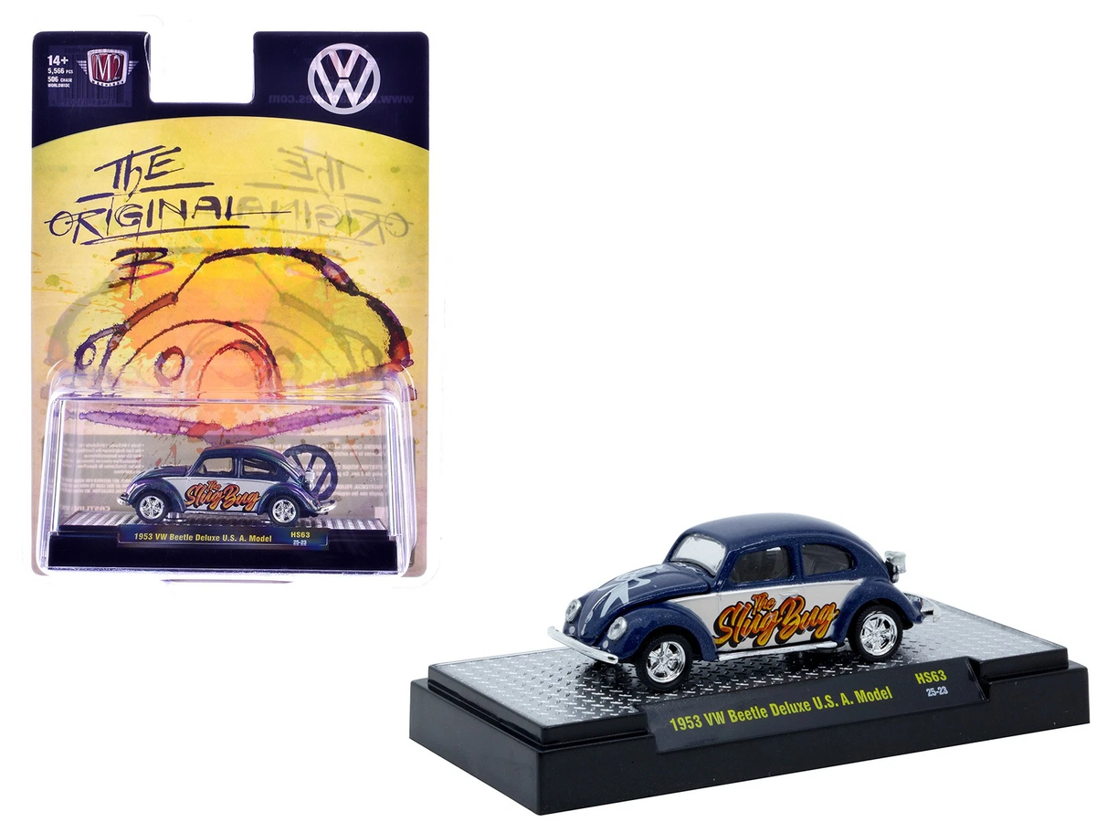 M2 Machines 1953 Volkswagen Beetle Deluxe The Slug Bug shown with package and display base