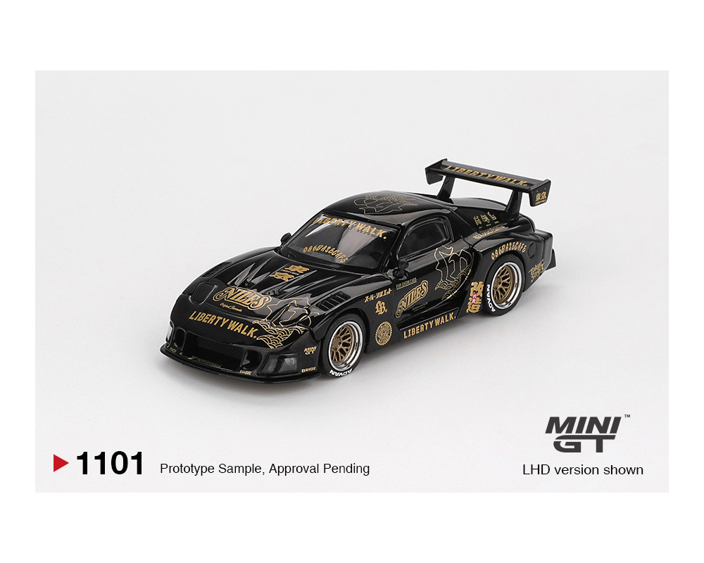 Black Mini GT Mazda RX-7 LB-Super Silhouette FD-NILES prototype with gold graphics and rear wing