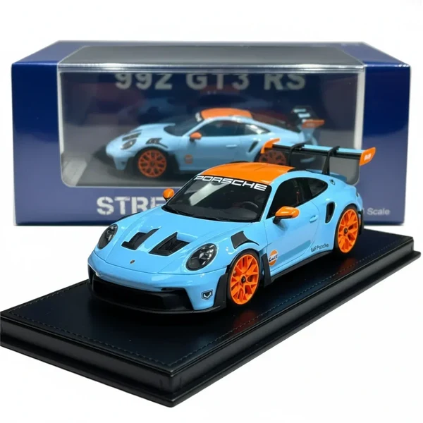 Light blue and orange Street Warrior Porsche 911 GT3 RS 992 Gulf die-cast model with display base and box