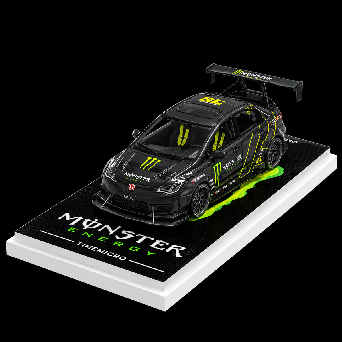 Black Time Micro Honda Civic die-cast with neon green Monster Energy graphics and large rear wing on display base