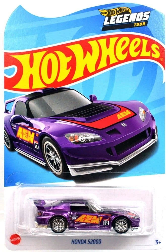 Purple Hot Wheels Honda S2000 with AEM graphics and number 12 in Legends Tour blister packaging