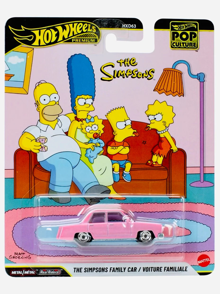 Hot Wheels Premium Pop Culture The Simpsons Family Car pink die-cast in illustrated blister package