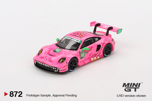 Pink AO Racing Roxy Porsche 911 GT3 R number 80 Mini GT prototype with green mirrors and rear wing