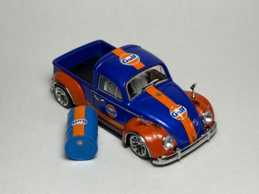 Blue and orange Gulf-liveried Volkswagen Beetle pick-up die-cast model with matching accessory