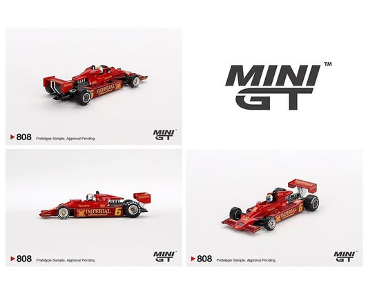Red Mini GT open-wheel racing model with number 6, shown from three angles in prototype image