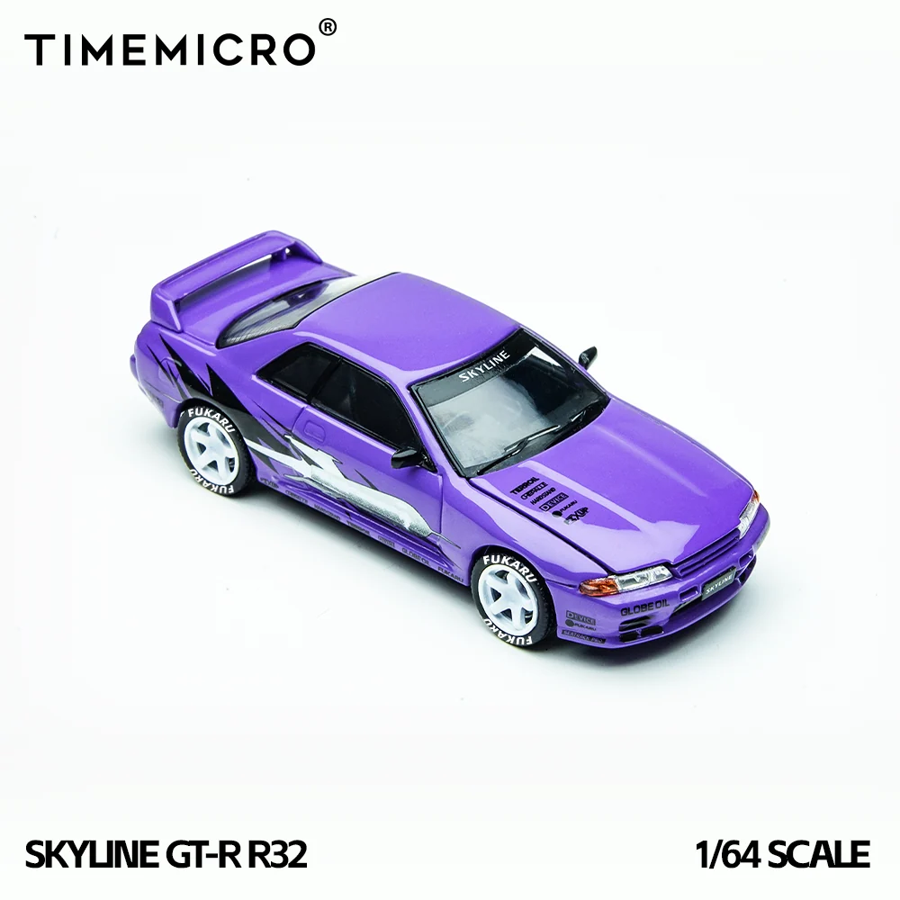 Purple Time Micro Nissan Skyline GT-R R32 Los Santos Drift die-cast with white wheels and side graphics