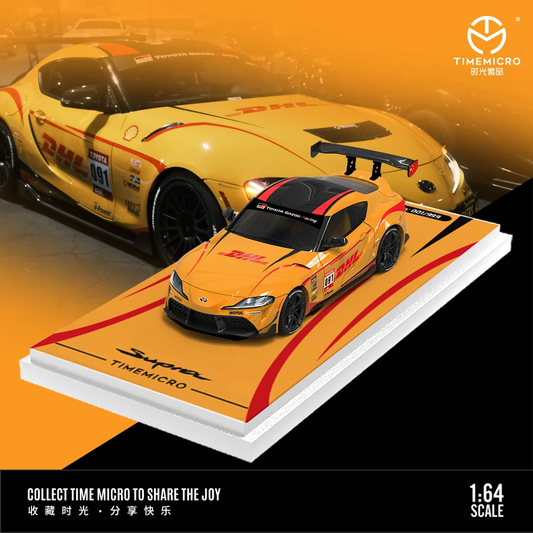 Orange Time Micro Toyota GR Supra A90 DHL die-cast model on matching display base