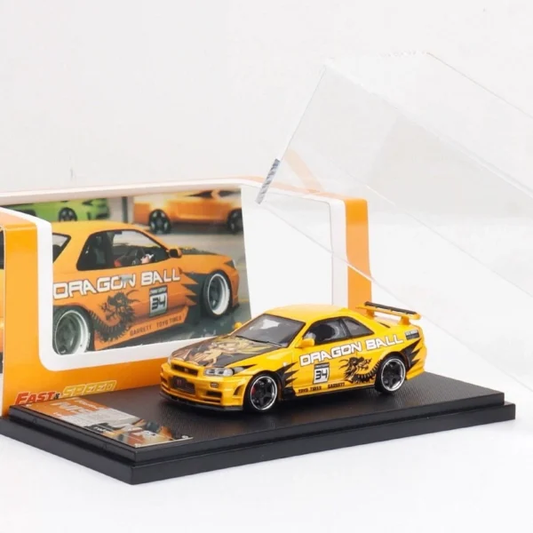 Yellow Nissan Skyline R34 model with Dragon Ball graphics, dark wheels, and black display base