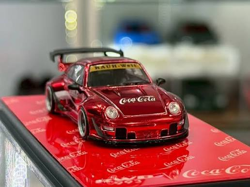Red Flame Porsche 911 RWB 993 Coca-Cola die-cast model on red display base