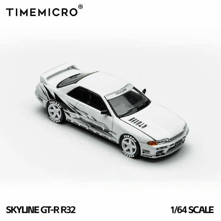 White Time Micro Nissan Skyline GT-R R32 Los Santos Drift die-cast with black side graphics and white wheels