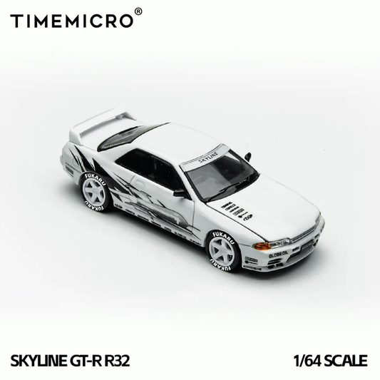 White Time Micro Nissan Skyline GT-R R32 Los Santos Drift die-cast with black side graphics and white wheels