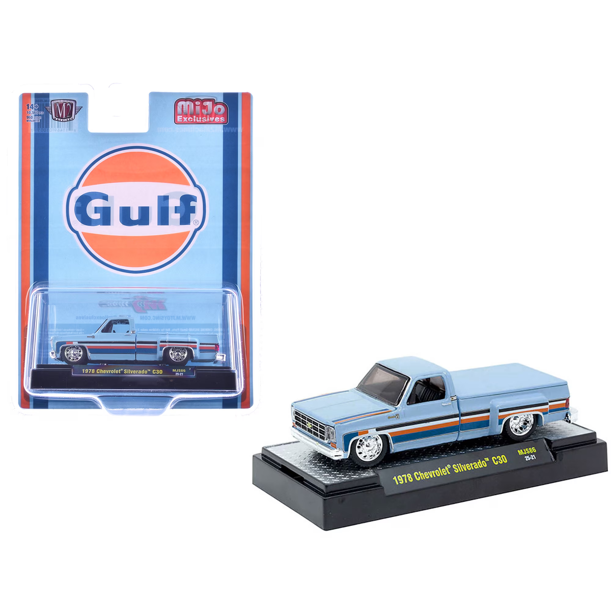 M2 Machines 1978 Chevrolet Silverado C30 light blue Gulf Oil pickup with orange and blue stripes and packaging