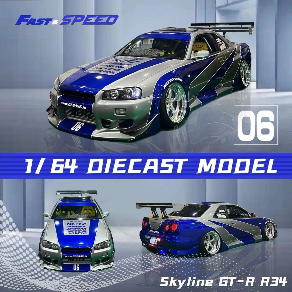 Blue-and-silver 1:64 Nissan Skyline GT-R R34 die-cast model with wide body and large rear wing