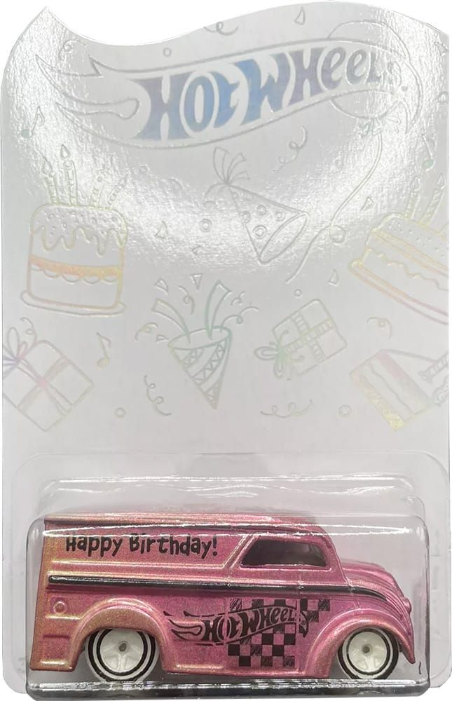 Metallic pink Hot Wheels Dairy Delivery with Happy Birthday lettering and black checkerboard graphics in birthday-themed blister packaging