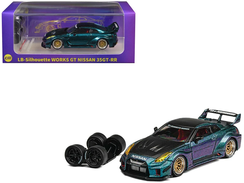 Chameleon teal-and-purple Nissan GT-R R35 LBWK model with carbon-look hood, gold-tone wheels, and spare black wheels