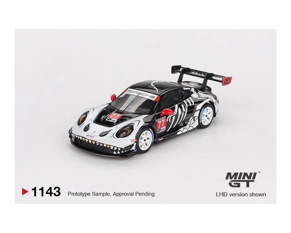 Mini GT Porsche 911 GT3 R #77 AO Racing black-and-white prototype race car with white wheels