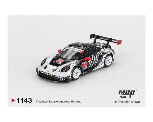 Mini GT Porsche 911 GT3 R #77 AO Racing black-and-white prototype race car with white wheels