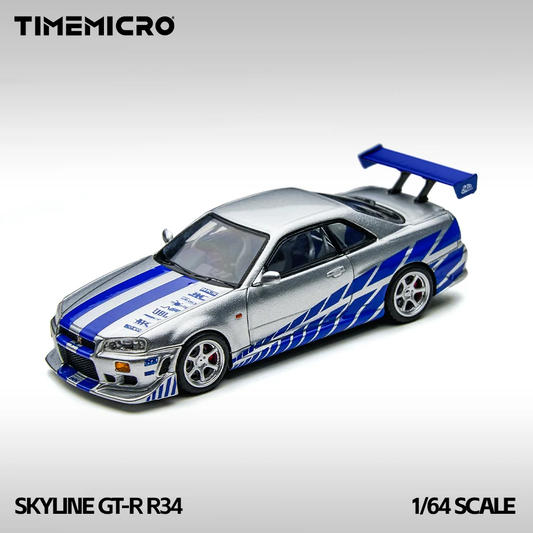 Time Micro 1:64 silver Nissan Skyline GT-R R34 with blue graphics and rear wing